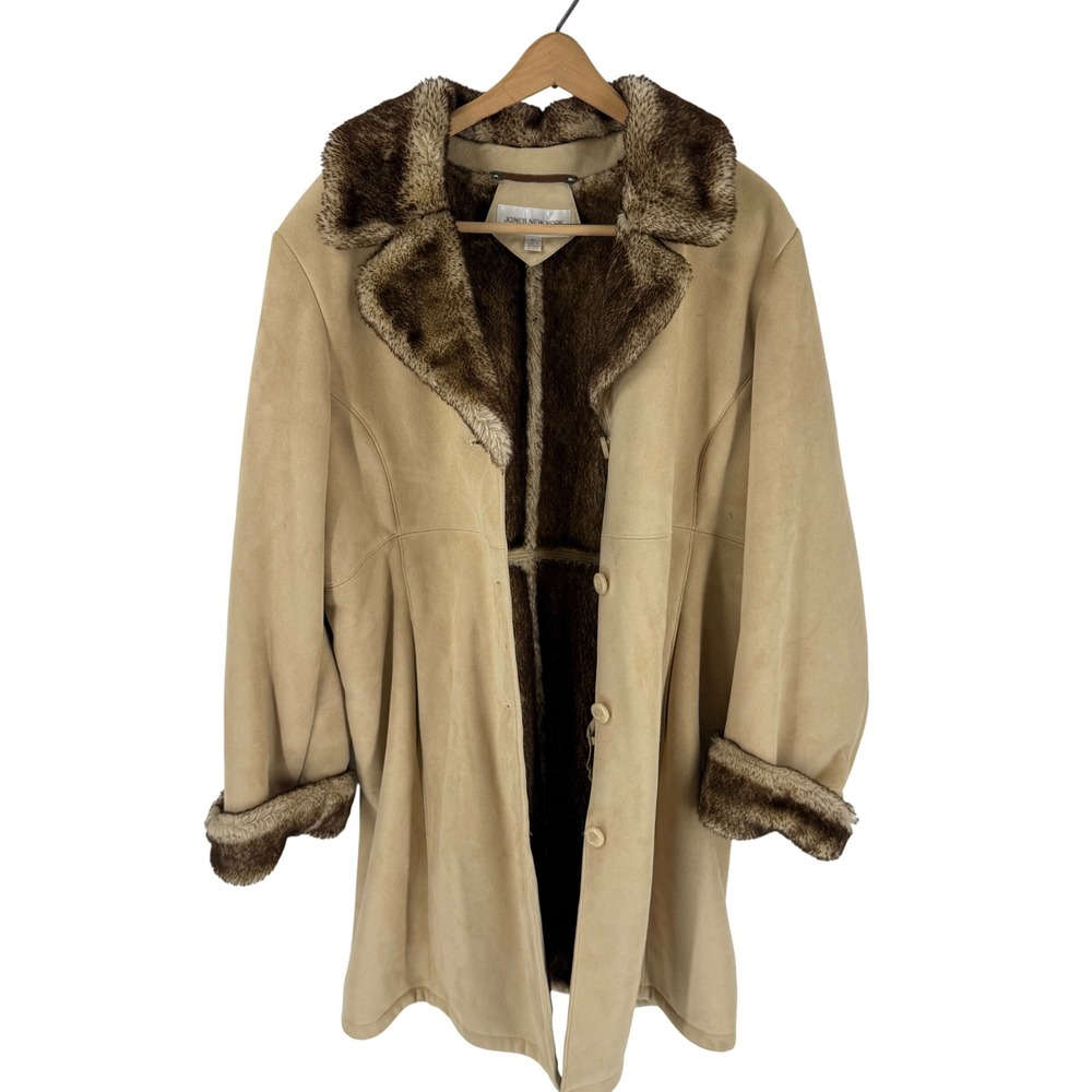 Jones New York Faux Suede Faux Fur Trim Coat Tan XL Vintage Winter Glam